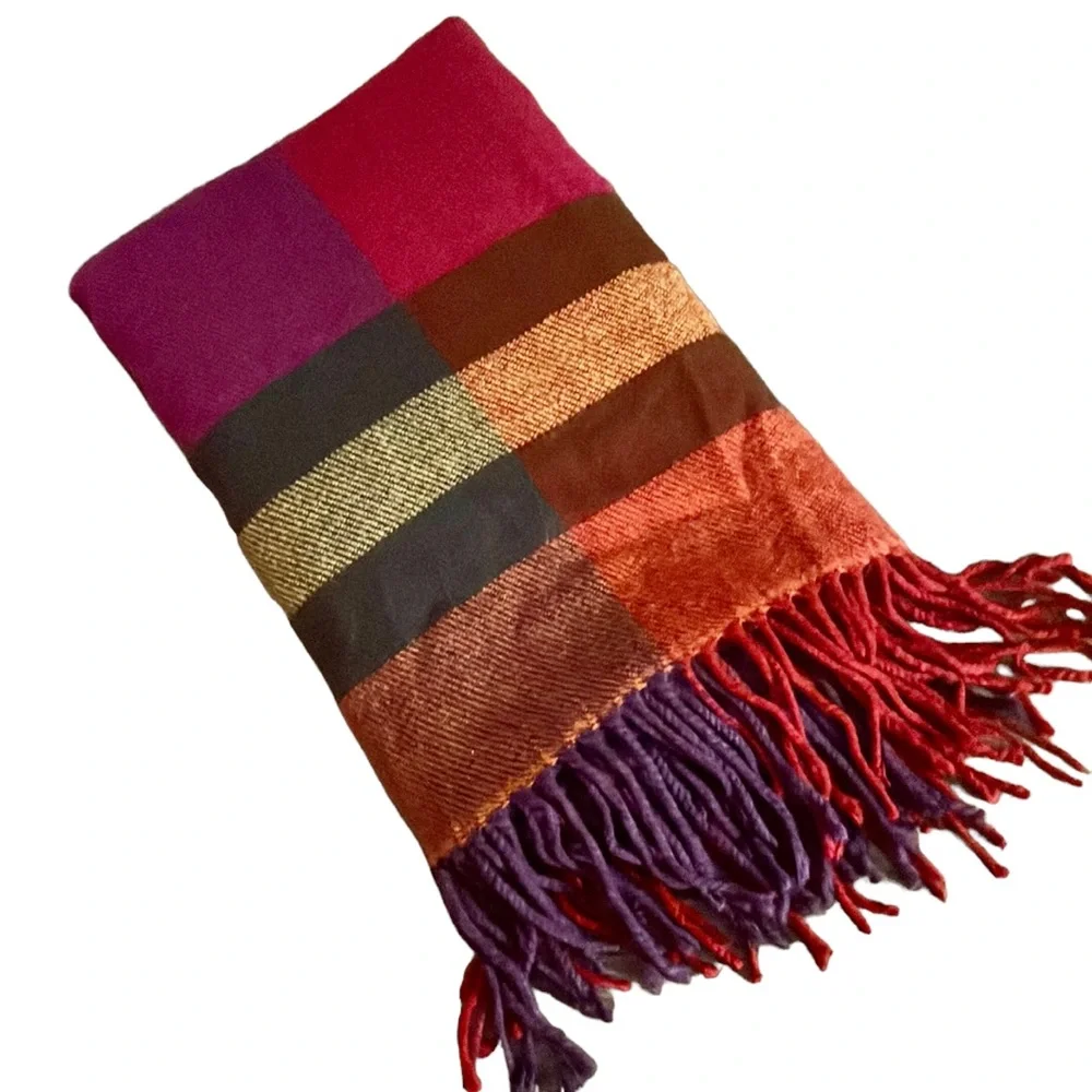 Merona Blanket Scarf Oversized Multi Color Wrap 100% Acrylic Orange Purple Plaid